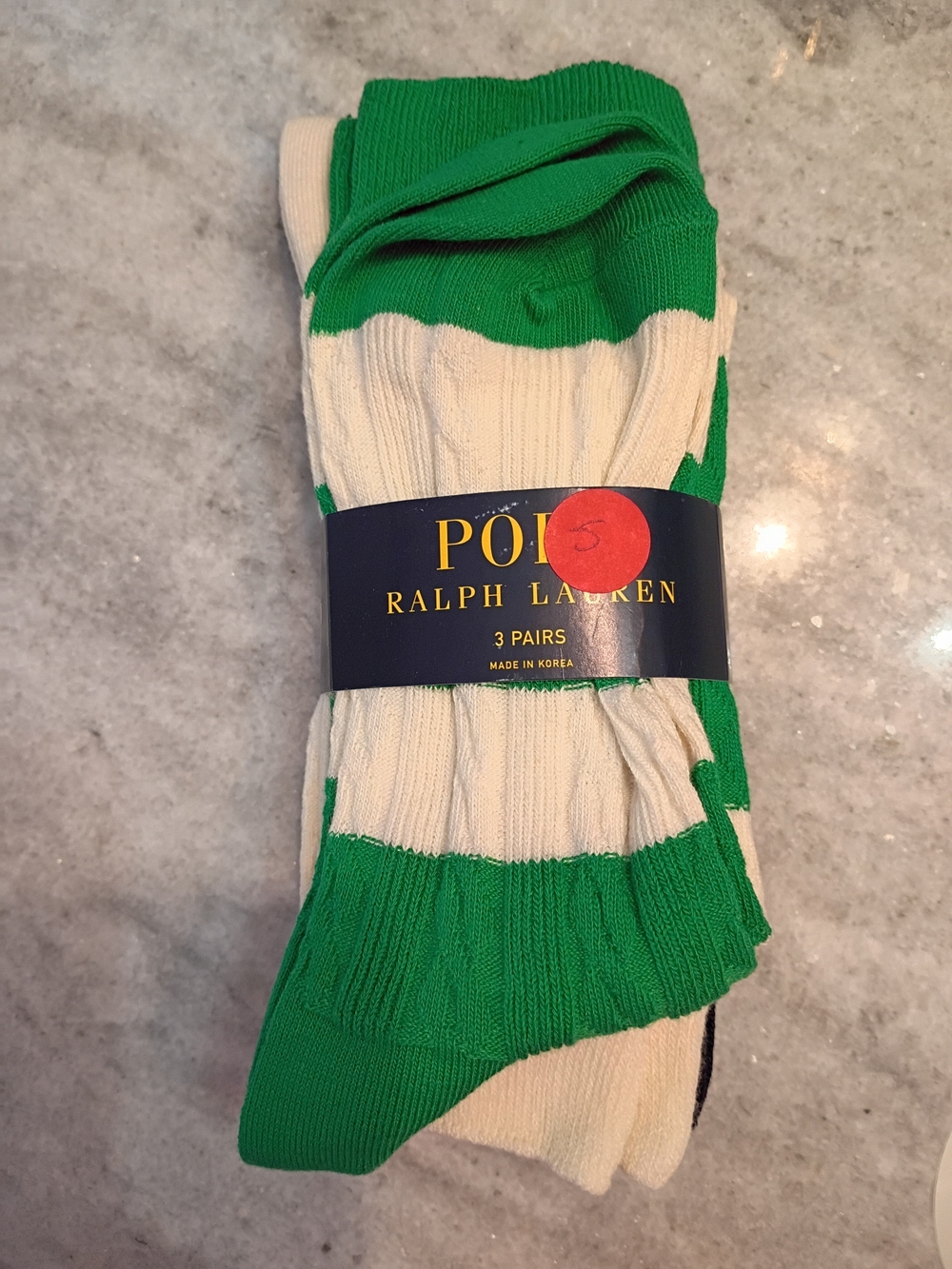 Polo by Ralph Lauren Green & Cream Striped Crew Socks - 3 Pack New